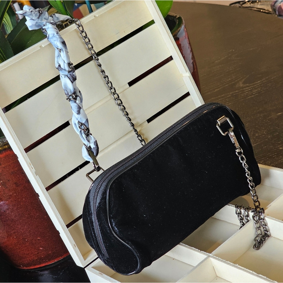 CHANEL Black Velvet Clutch W/Crossbody Chain & Twilly Added - Picture 7 of 16